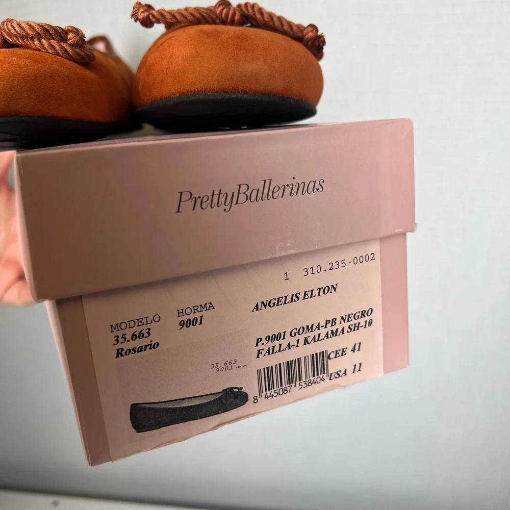 Pretty Ballerinas Rosario Burnt Orange Suede Rope Bow Ballet Flats EU 41 US 11